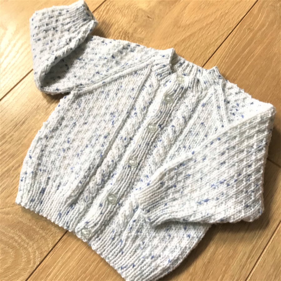 Hand knitted boy's baby cardigan to fit up to 12 months