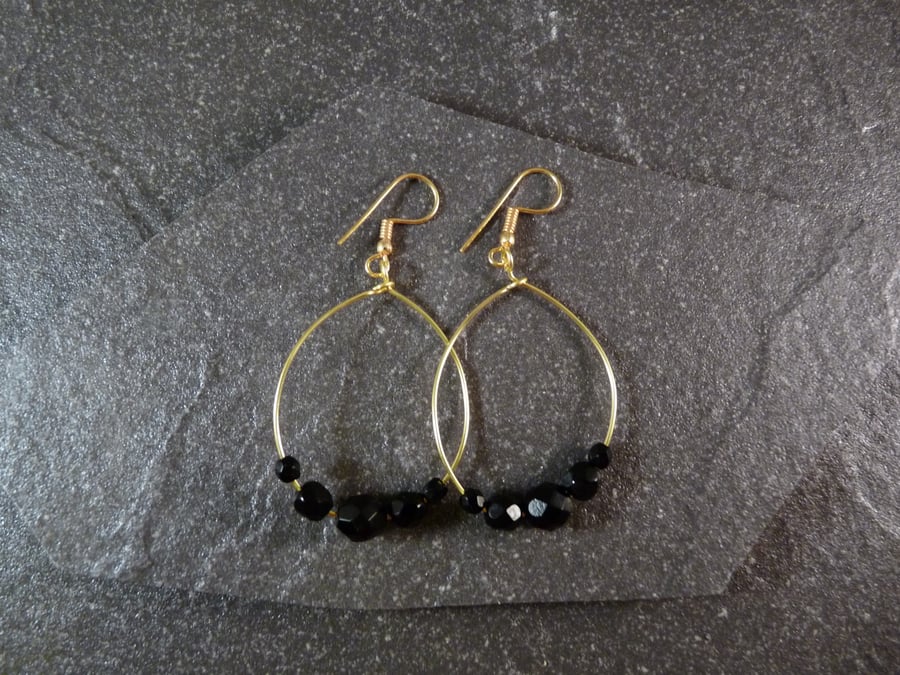 Large Hoop Earrings - Jet Black Faceted Glass - 40mm - Gold Colour