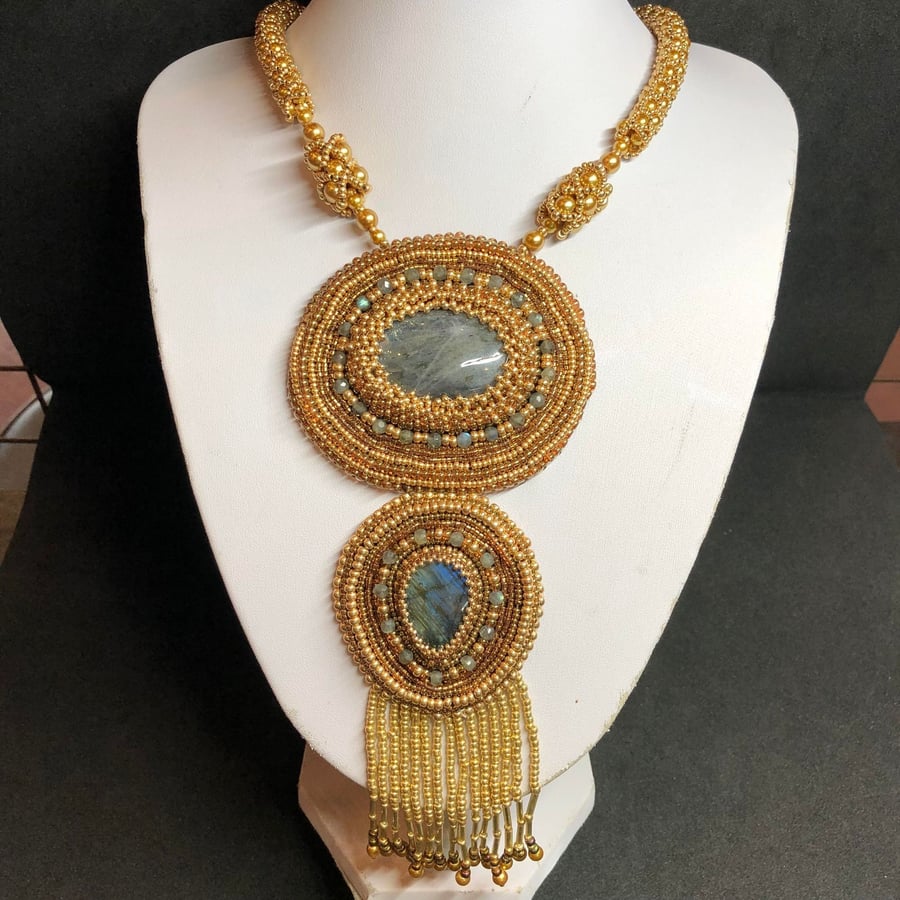 The Gilded Age Bead Embroidery Necklace with Labradorite Gemstones and Glass Pea