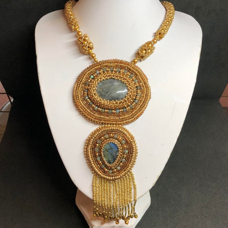 The Gilded Age Bead Embroidery Necklace with Labradorite Gemstones and Glass Pea