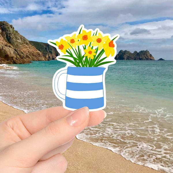 Daffodils in a Cornishware Jug Glossy Sticker