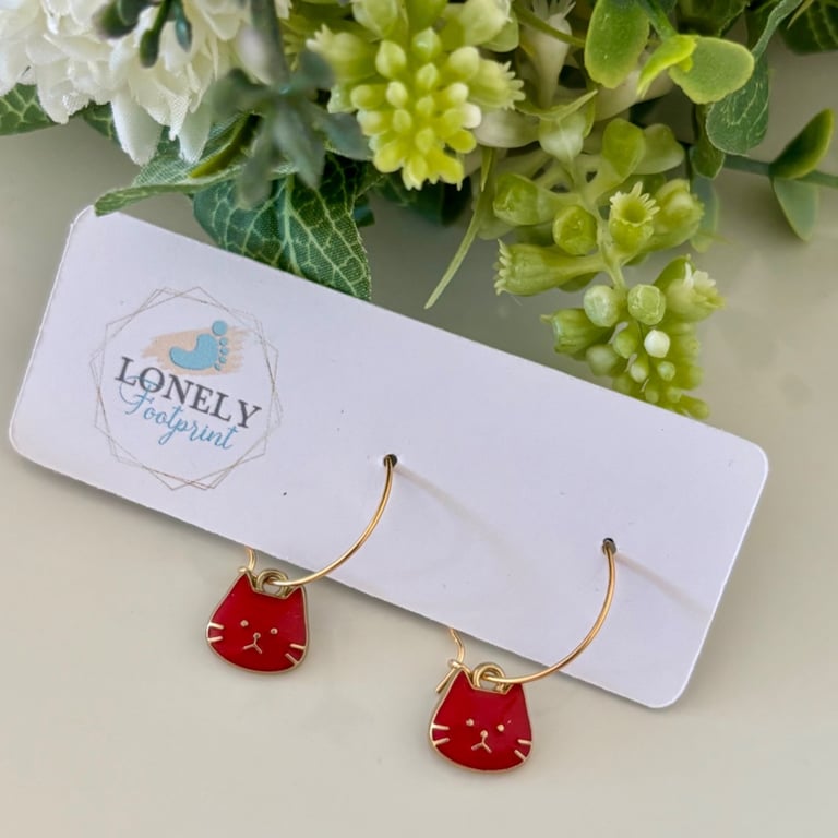 Red Enamel Cat Hoop Earrings, Charm Earrings, Handmade Jewellery 