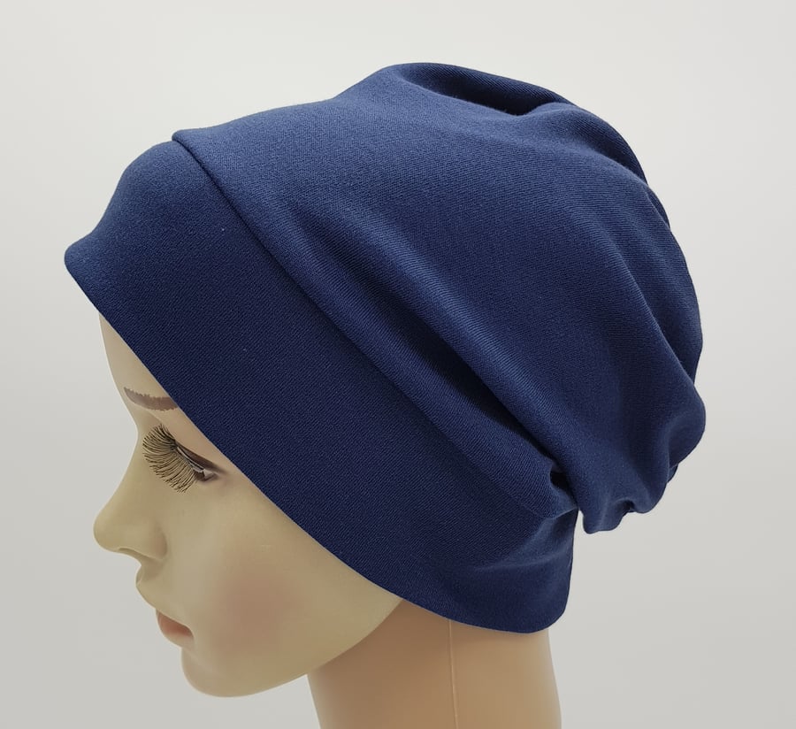 Blue hat for women, cotton jersey beanie, bad hair day hat, hair care accessory