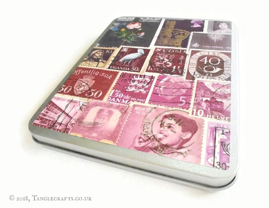 Purple Postage Stamp Storage Tin with hinged lid - Fits A6 Stationery 