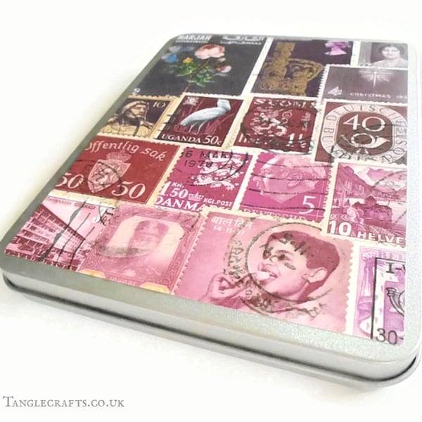 Purple Postage Stamp Storage Tin with hinged lid - Fits A6 Stationery 