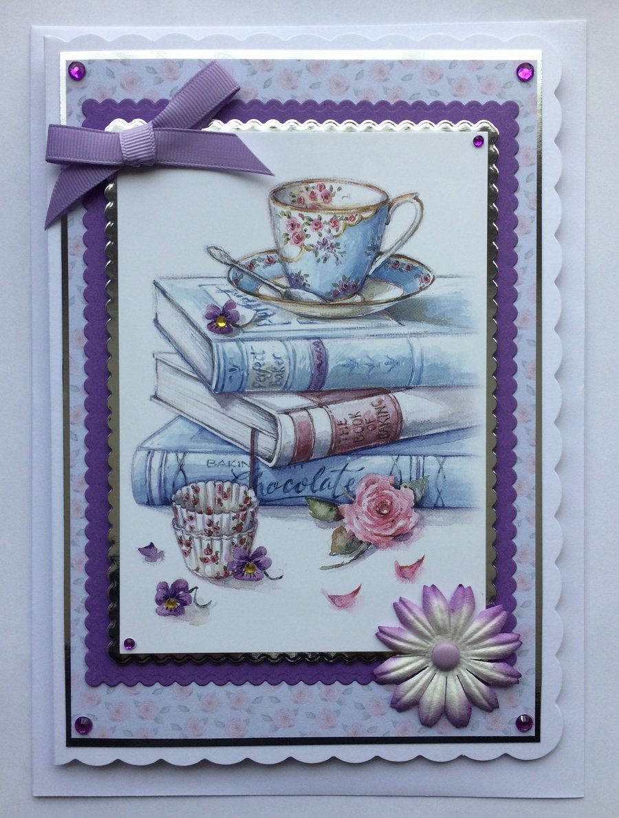 Handmade Tea Card No Sentiment Any Occasion Floral Tea Cup Baking Books