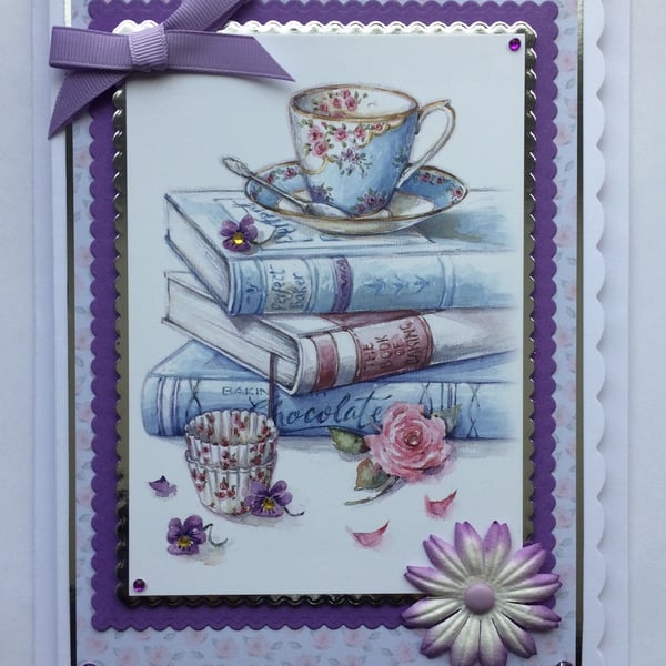Handmade Tea Card No Sentiment Any Occasion Floral Tea Cup Baking Books