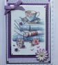 Handmade Tea Card No Sentiment Any Occasion Floral Tea Cup Baking Books - Image 1
