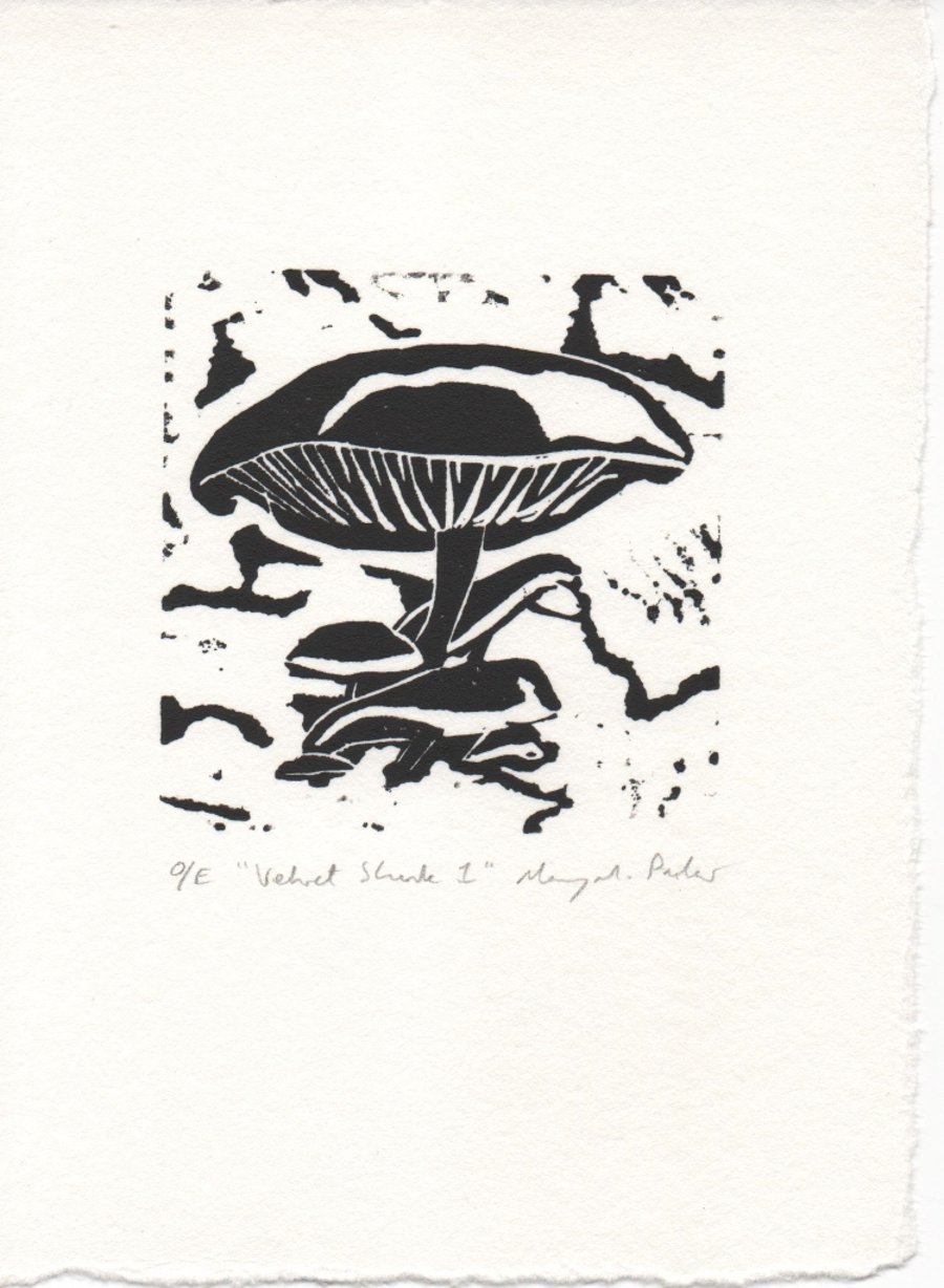 Original fungus linocut print Velvet Shank 1 