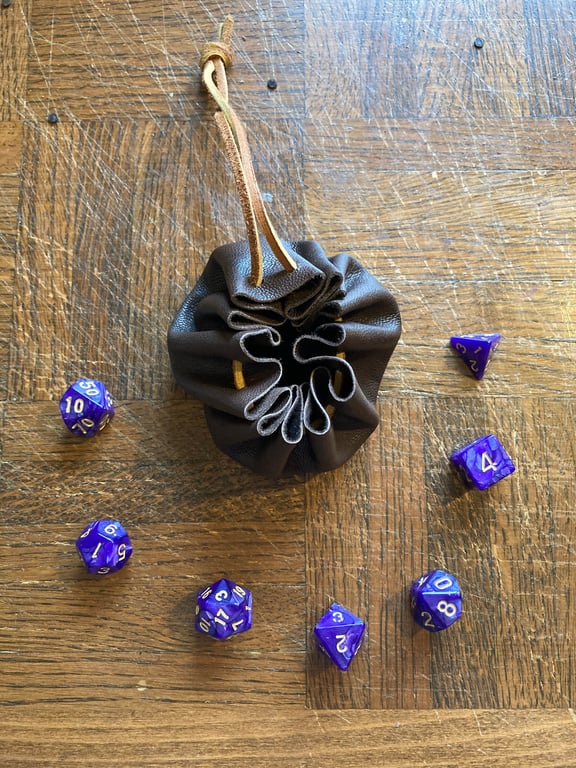 Brown leather drawstring dice bag - coin pouch