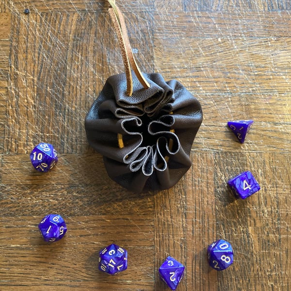 Brown leather drawstring dice bag - coin pouch