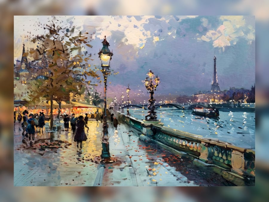 Paris Night Stroll, Romantic Evening by the Seine 5"x7" Matte Paper