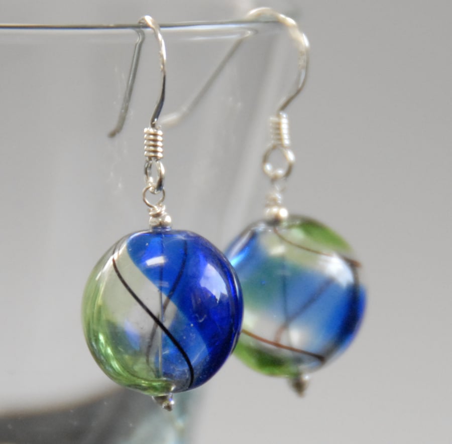 round blown glass and silver earrings - blue and green