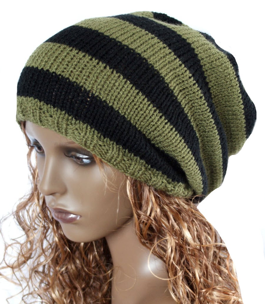 Khaki and Black Hand Knitted Slouchy Beanie,Tam ,Dreads Hat