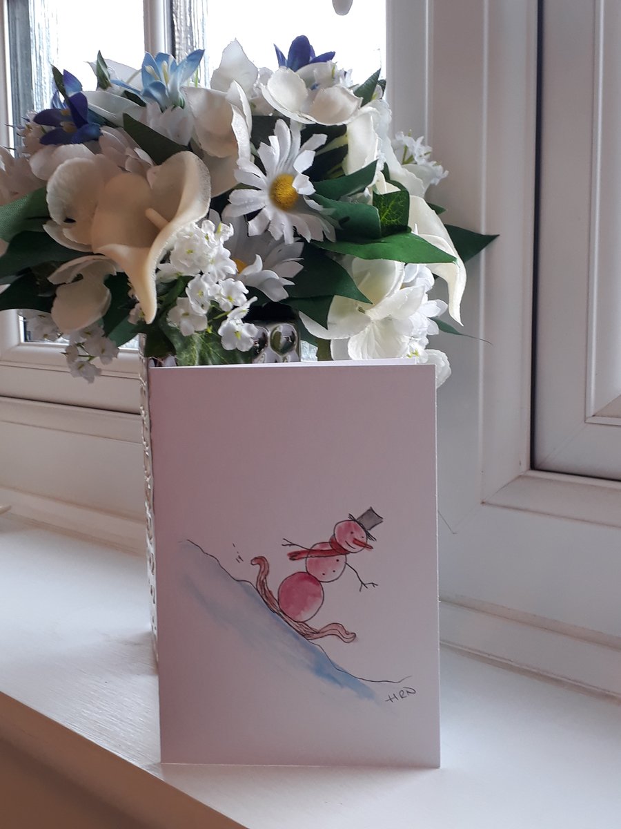 Snowman on a sledge, A6 card with envelope - Folksy.com