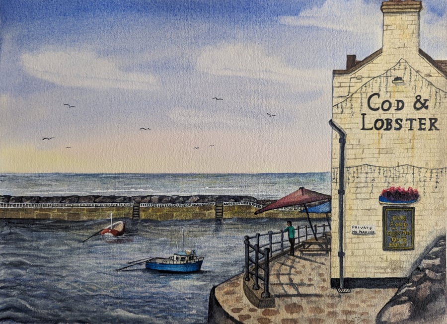 Cod & Lobster fishing village pub in Staithes, North Yorkshire. A4 print waterco