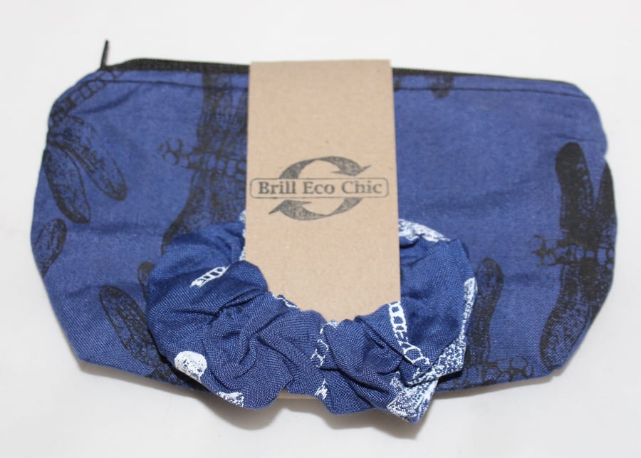 Makeup bag,zip up handprint blue dragonfly print, toiletry bag, pouch,Eco gift