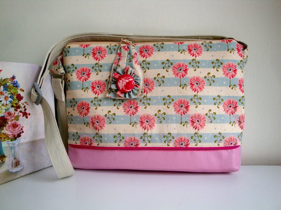 SALE Floral cotton and leather cross body bag - shoulder bag - spring bag 