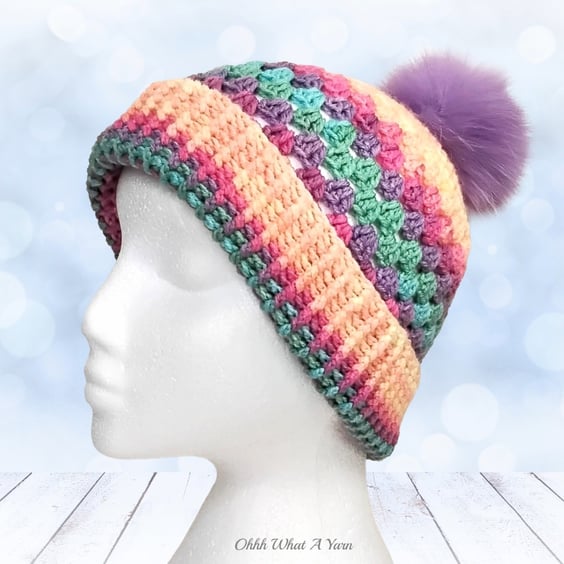 Crochet hat, beanie. Pastel rainbow granny stitch pompom hat. Rainbow beanie hat