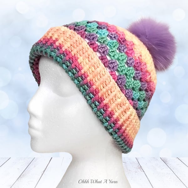 Crochet hat, beanie. Pastel rainbow granny stitch pompom hat. Rainbow beanie hat
