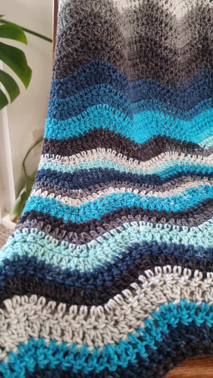 Handmade crochet baby blanket, blue, grey, newborn gift, car seat blanket