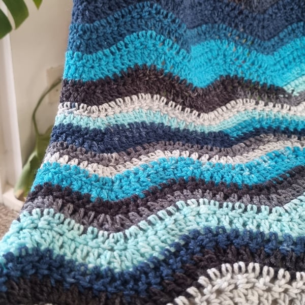 Handmade crochet baby blanket, blue, grey ripple effect, newborn gift, 