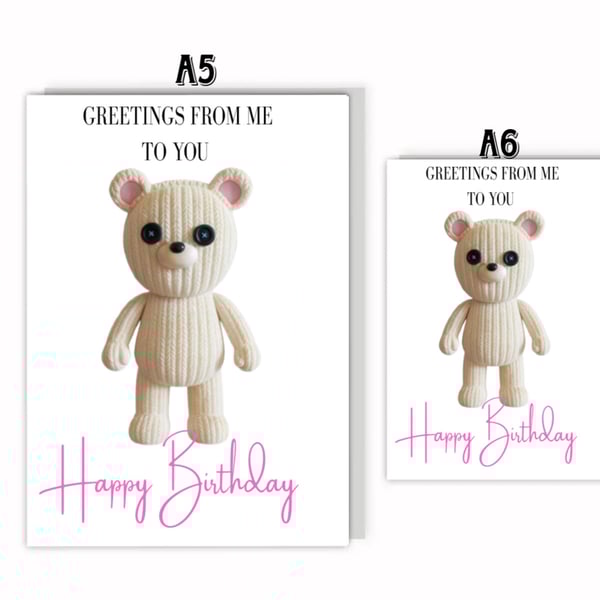 Cream Knitted Teddy Bear Birthday Greeting Card – A5 & A6