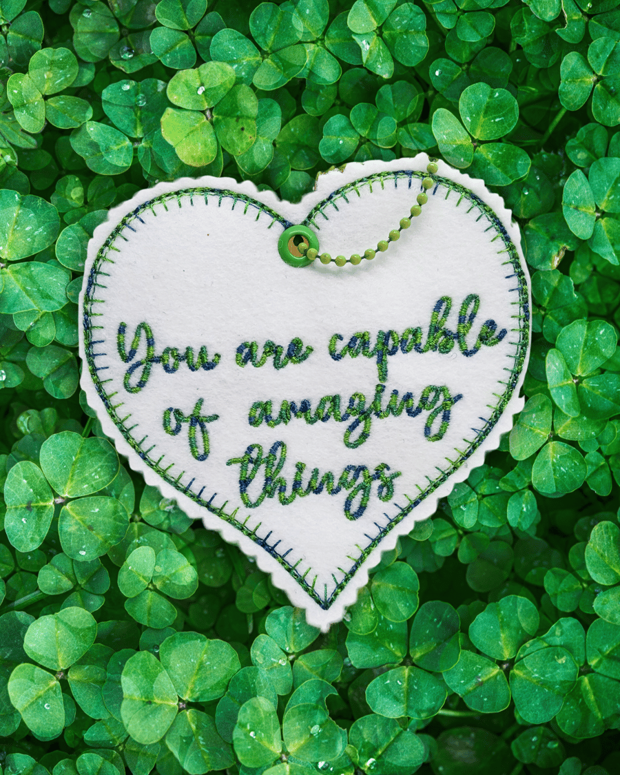 Embroidered Mini Heart Decorations with Inspirational Quote