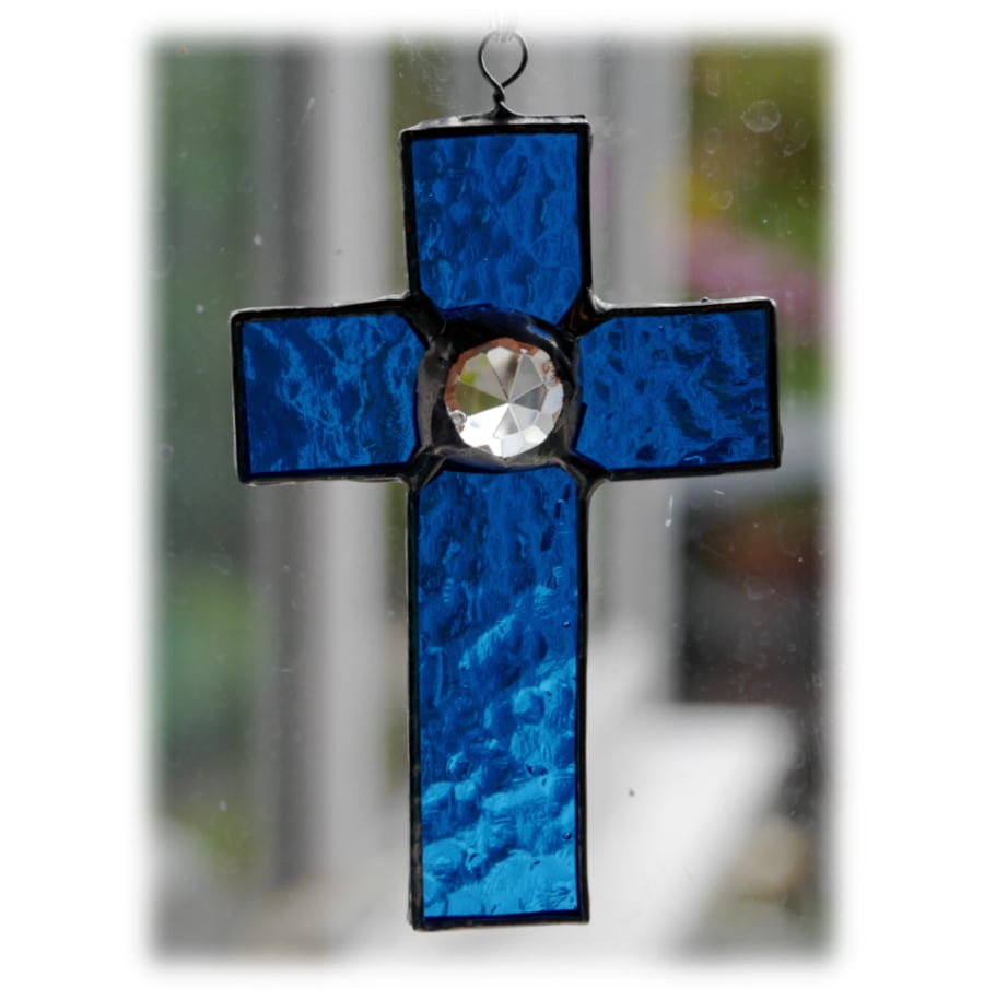 Small Cross Suncatcher Stained Glass Handmade Sky Blue Crystal 003