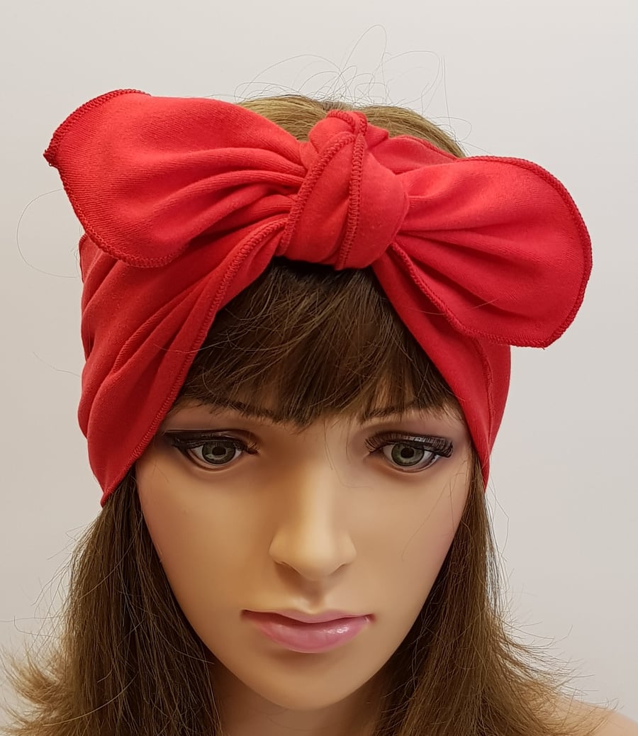 Red headband cotton jersey hair scarf self tie head scarf hair wrap hair scarf