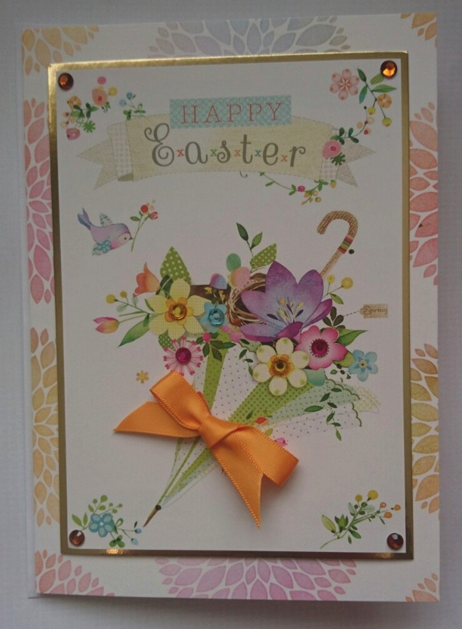 Happy Easter Card Umbrella of Spring Flowers 3D Luxury Handmade Card