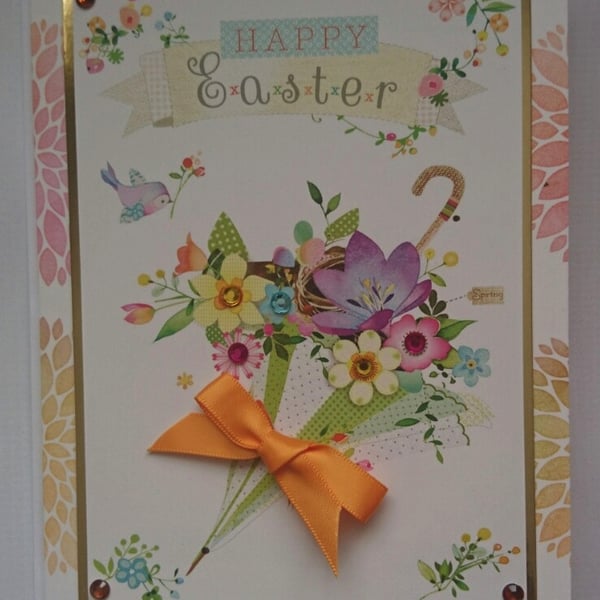 Happy Easter Card Umbrella of Spring Flowers 3D Luxury Handmade Card