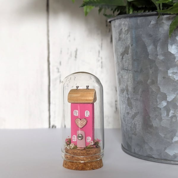 Miniature Glass Cloche with Wooden Cottage Home Decor 