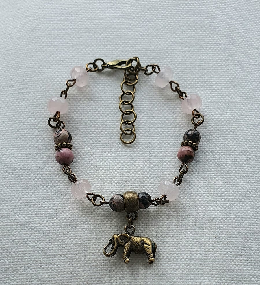 Antique Bronze Elephant Bracelet with Black Lace Rhodonite & Rose Quartz Gems