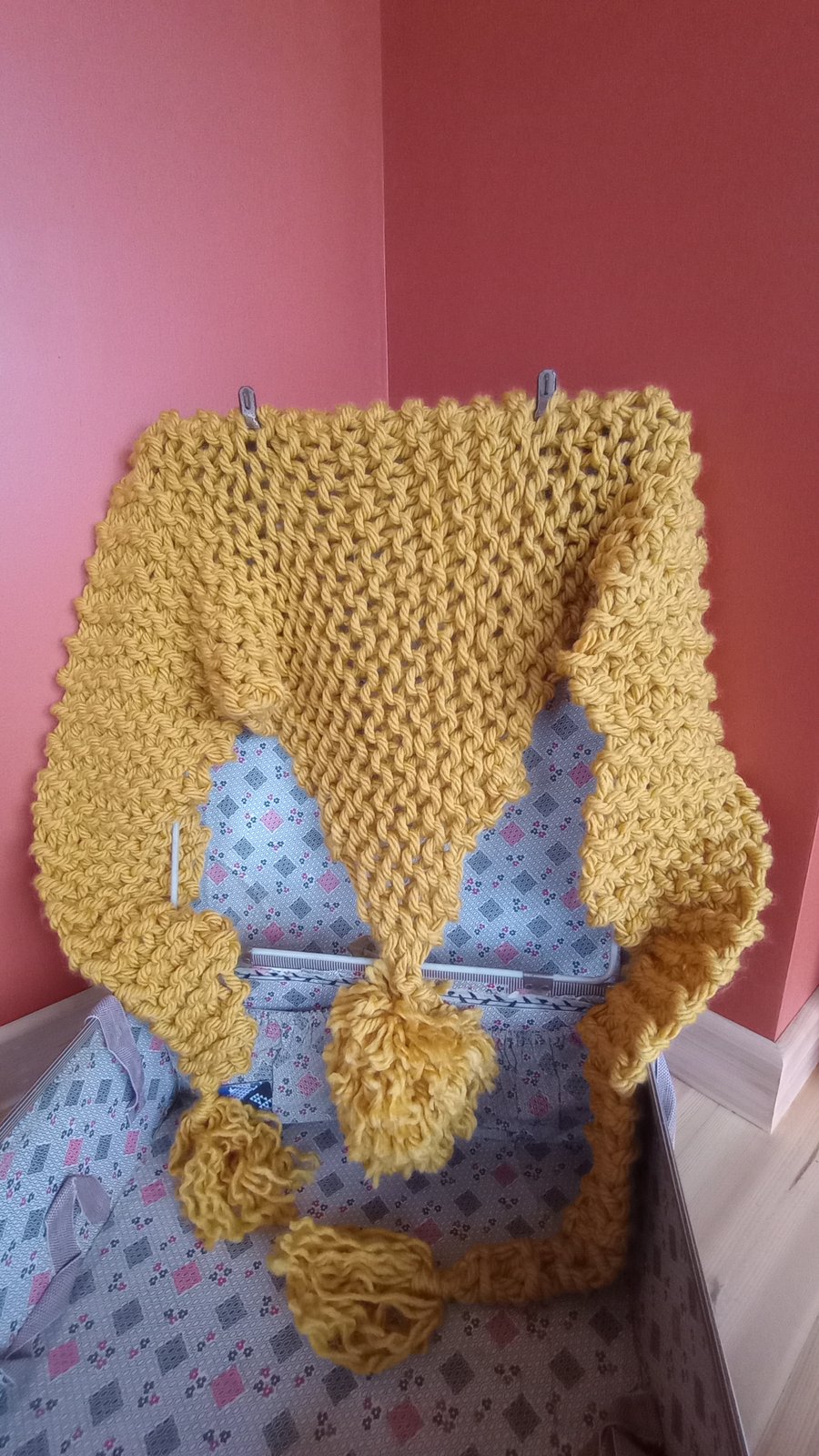 Hand Knitted Pom Pom Shawl