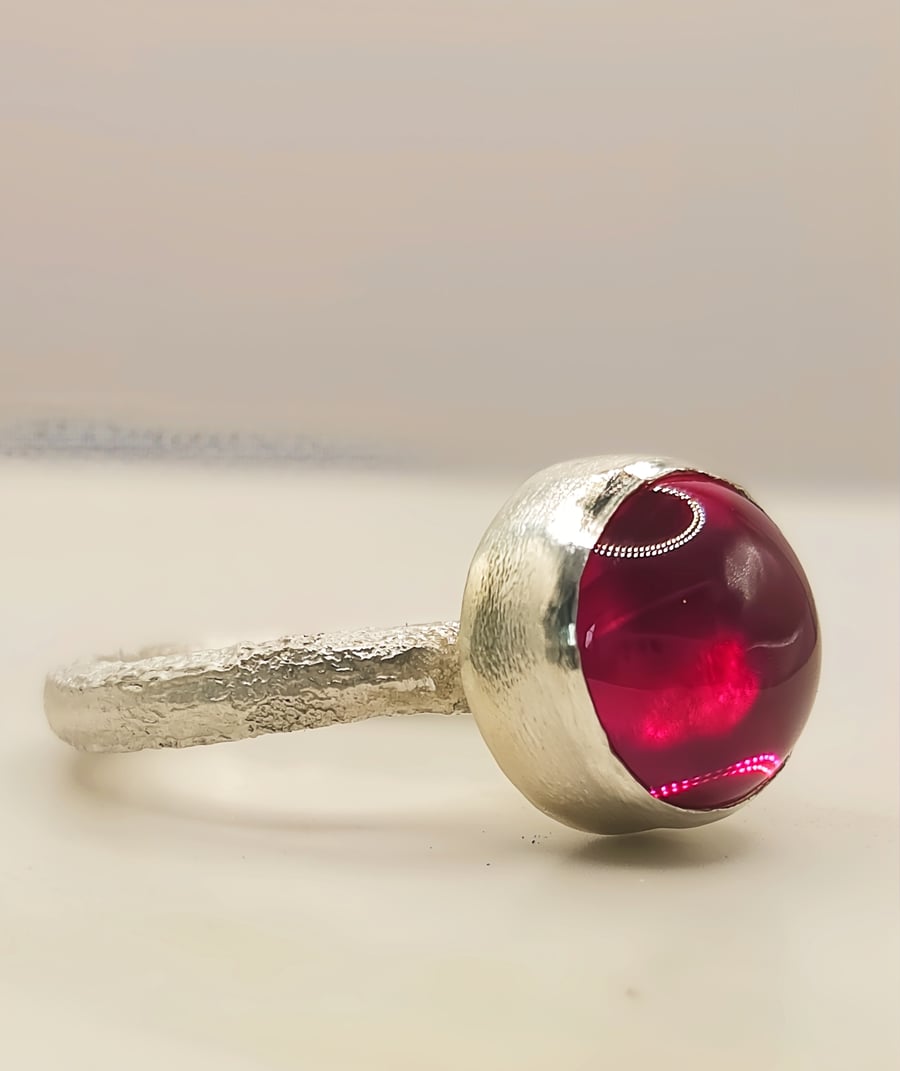 Handmade Sterling Silver Ring – 10mm Synthetic Ruby Cabochon - Size J