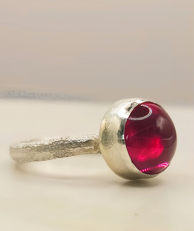 Handmade Sterling Silver Ring – 10mm Synthetic Ruby Cabochon - Size J