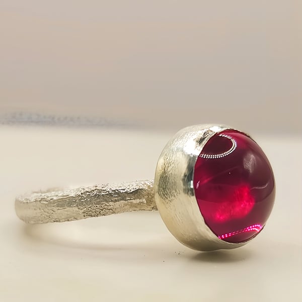 Handmade Sterling Silver Ring – 10mm Synthetic Ruby Cabochon - Size J