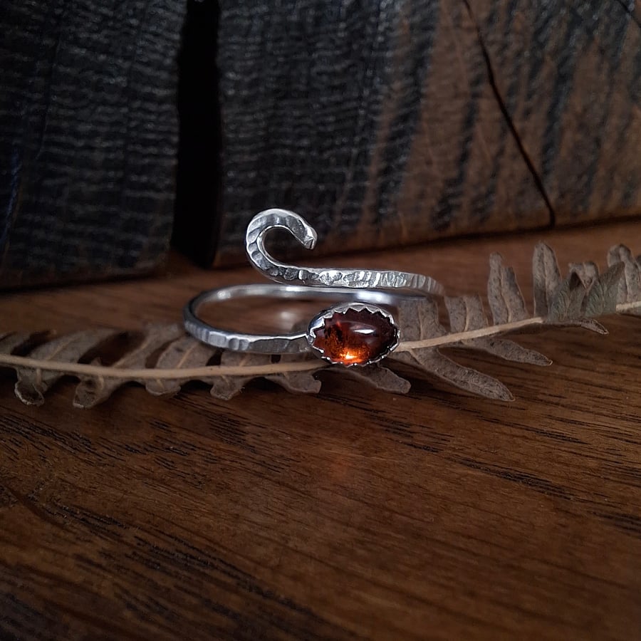 Handmade Amber Swirl Silver Ring open adjustable