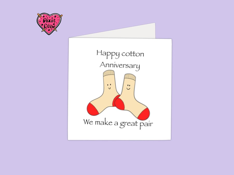 Second anniversary card with two cotton socks with smiley faces
