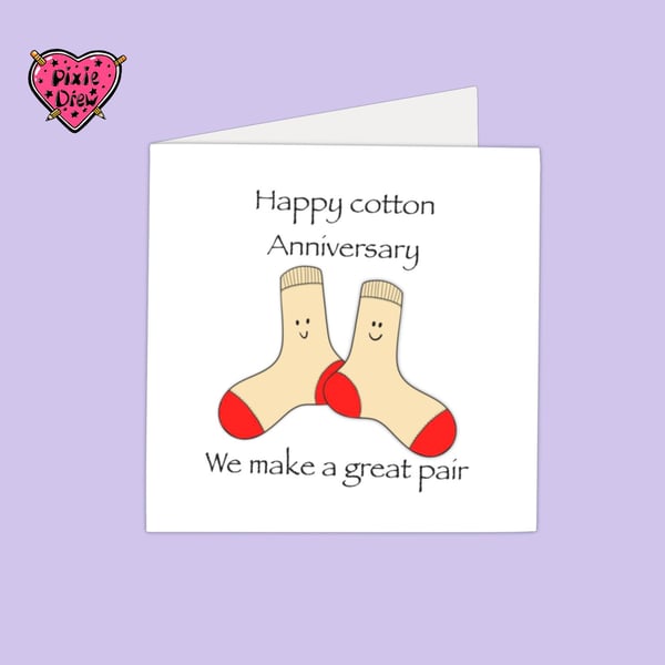 Second anniversary card with two cotton socks with smiley faces