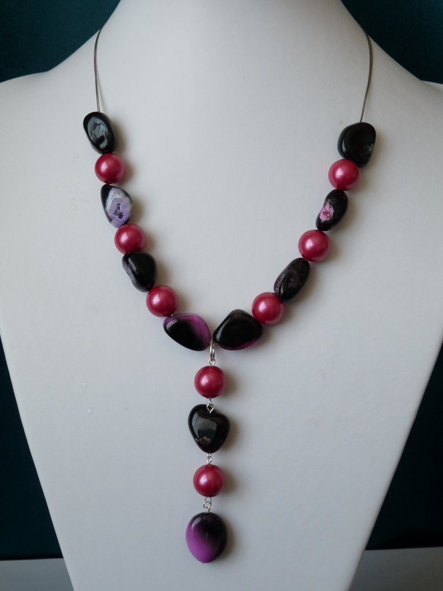 Pink Shell Pearl & Agate Necklace  - Sterling Silver - Handmade