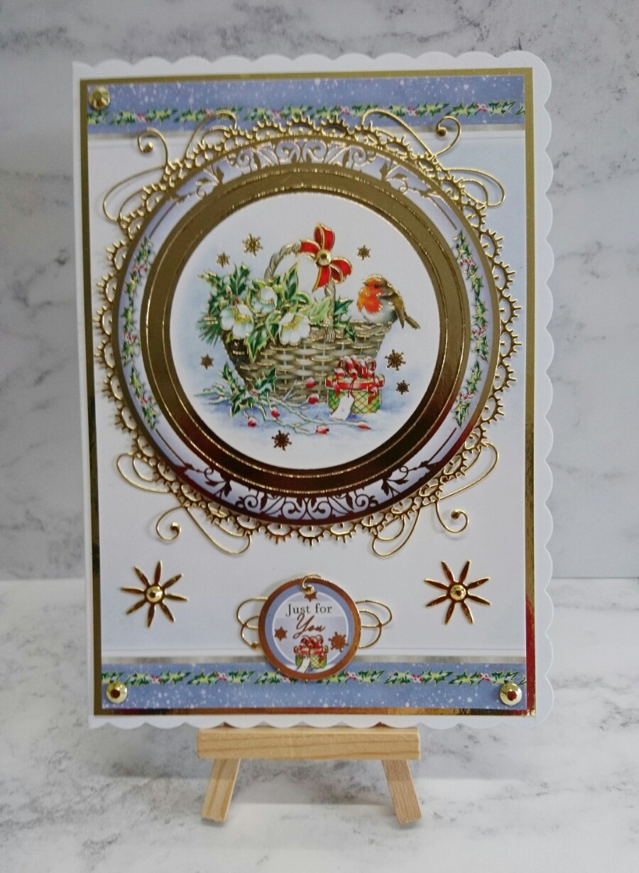 Handmade Christmas Card Just for You Red Robin Gift Basket Snowdrops 