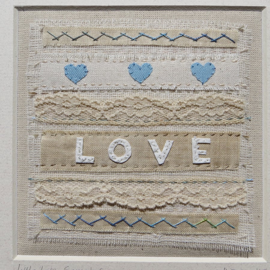 Hand-stitched Love sampler vintage fabrics heirloom gift for many occasions