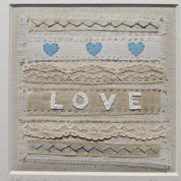 Hand-stitched Love sampler vintage fabrics heirloom gift for many occasions