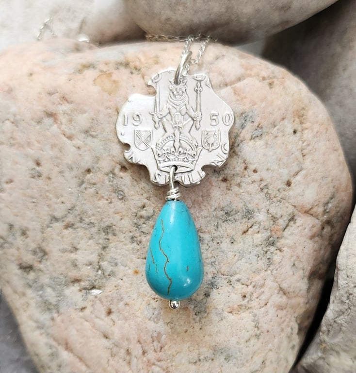 Upcycled shilling coin pendant with magnesite stone