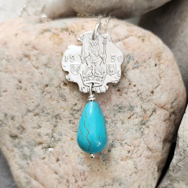 Upcycled shilling coin pendant with magnesite stone