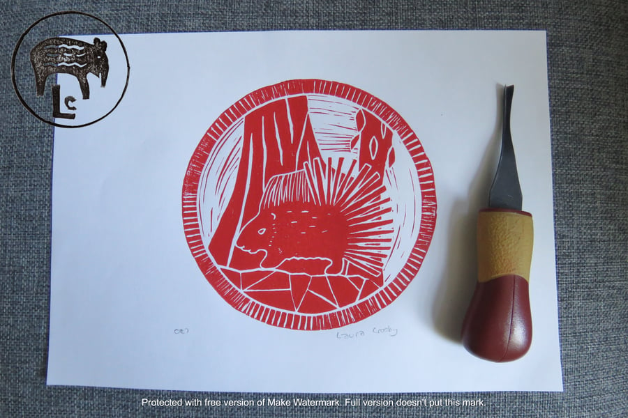 Red, A4, porcupine lino print (0E7)
