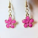 Handmade Pink Flower Pendant Dangle Earrings with 14K Gold
