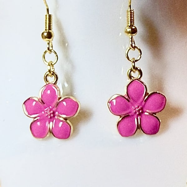 Handmade Pink Flower Pendant Dangle Earrings with 14K Gold